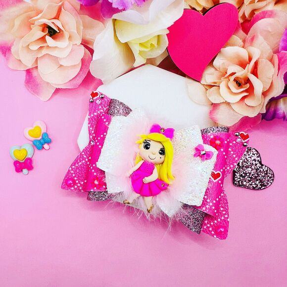 Cute Doll Clay Hair Bow Clips Pink for Girl Handmade - Picture 3 of 3